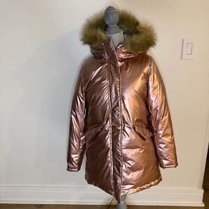 Crewcuts Metallic Pink Puffer Coat with Faux Fur Hood, kids XL 14-16 year olds